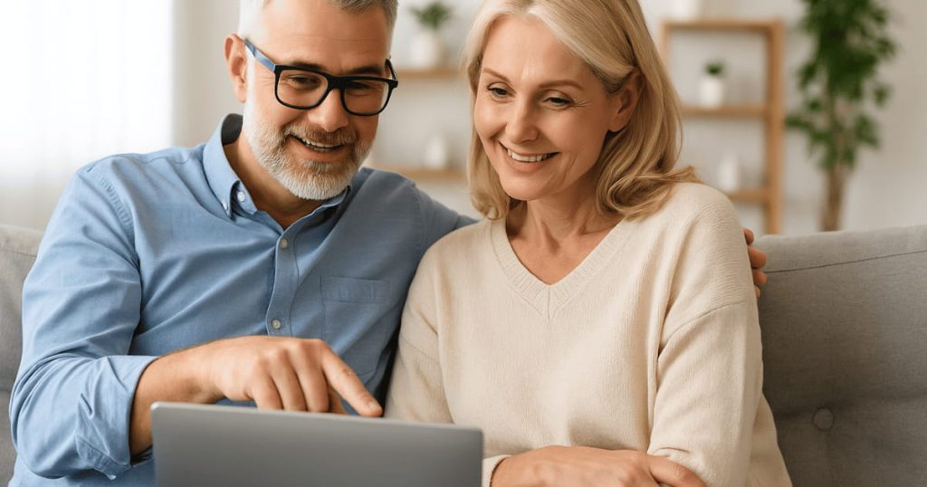 Un couple souriant assis sur un canapé regarde ensemble un ordinateur portable pour comparer des assurances dentaires.